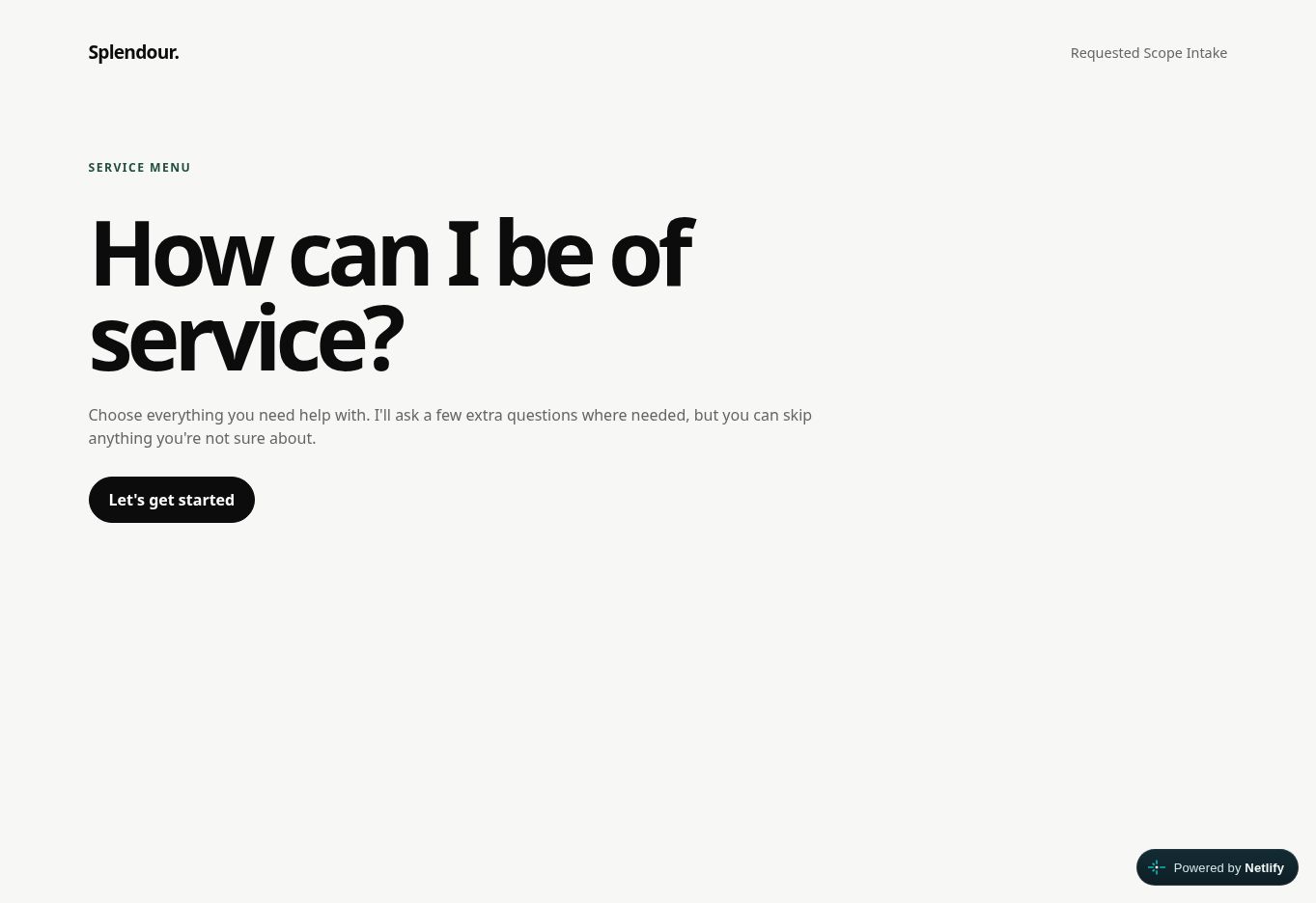Preview of the Splendour E-Menu homepage with the heading ‘How can I be of service?’.